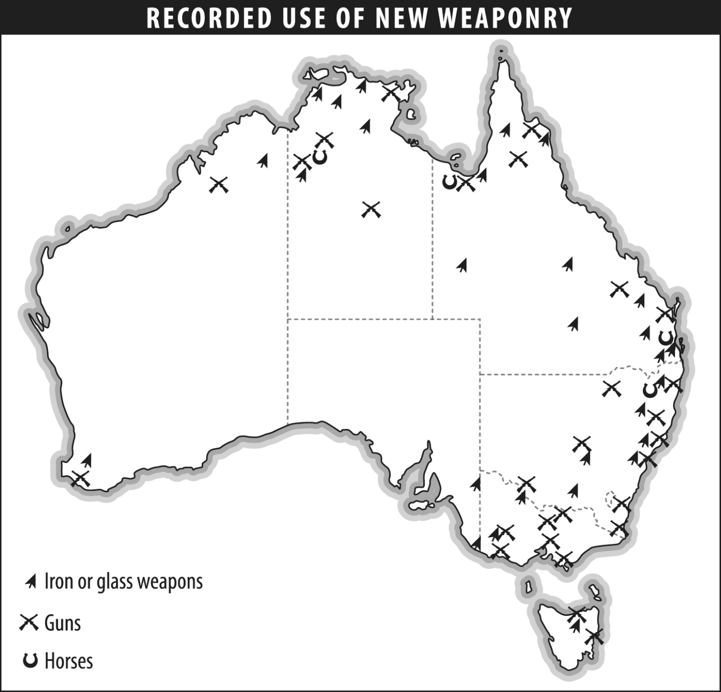 Map of Australian showing some locations of iron or glass spears, guns and horses mainly in the north and east.