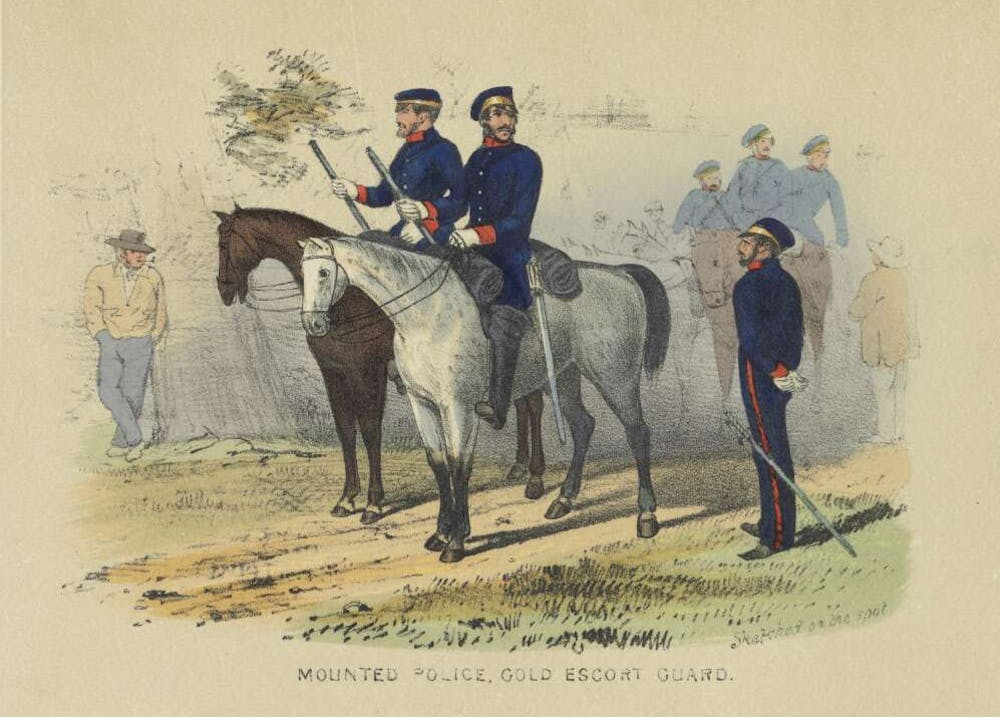 Old print showing two mounted police in blue uniforms on horses, one standing, others and a civilian fainter in background.